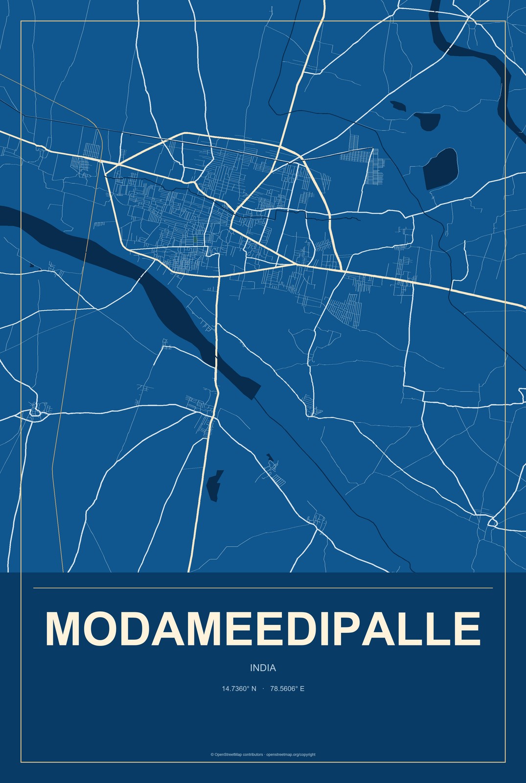 Modameedipalle, India City Map Aluminum Sign in Harbor Cobalt style