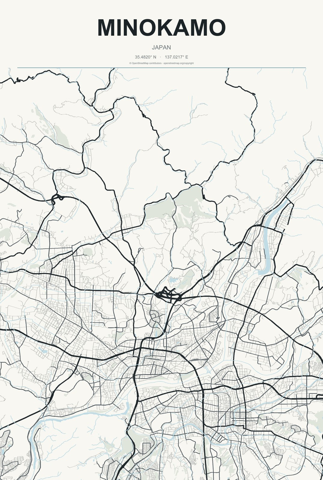 Minokamo, Japan City Map Aluminum Sign in Headline Atlas style