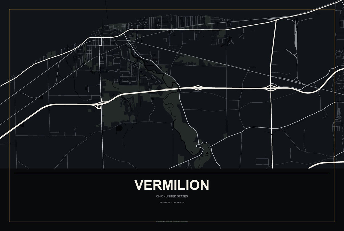 Vermilion, Ohio City Map Aluminum Sign in Metropolitan Noir style