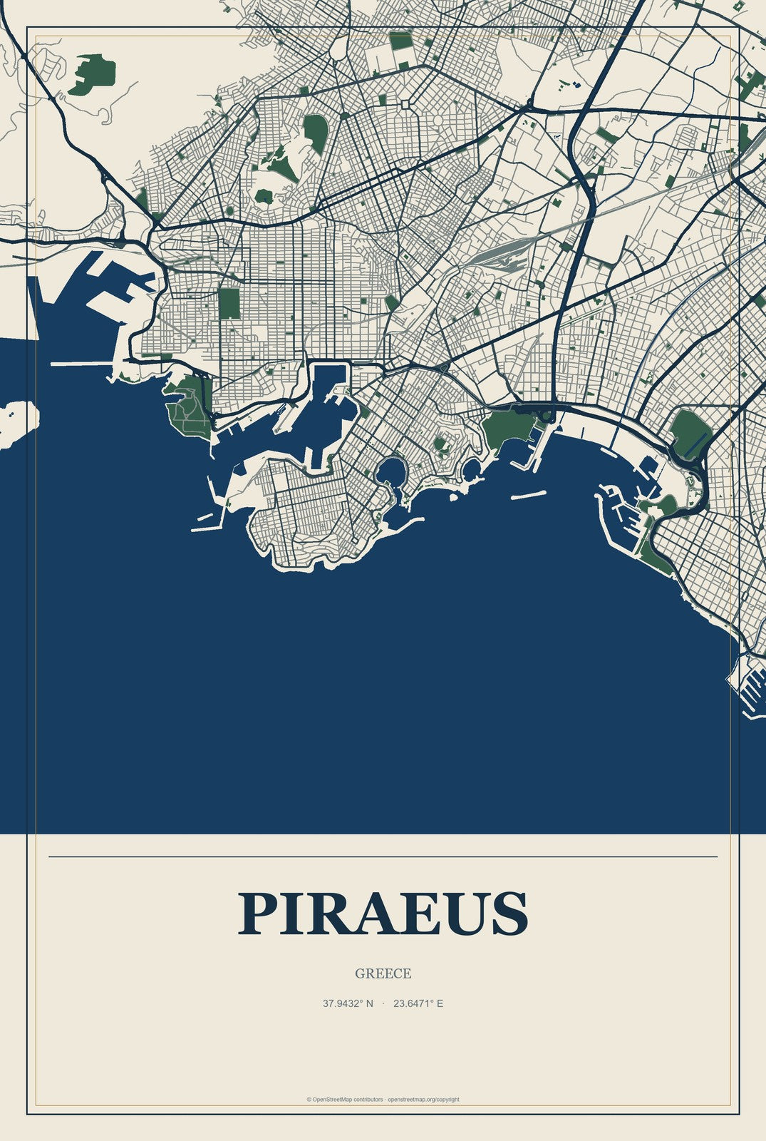 Piraeus, Greece City Map Aluminum Sign in Coastal Cutout style