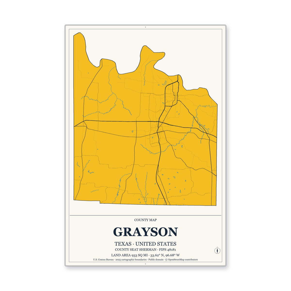Grayson County, Texas Map Aluminum Sign in Citrine Modern style