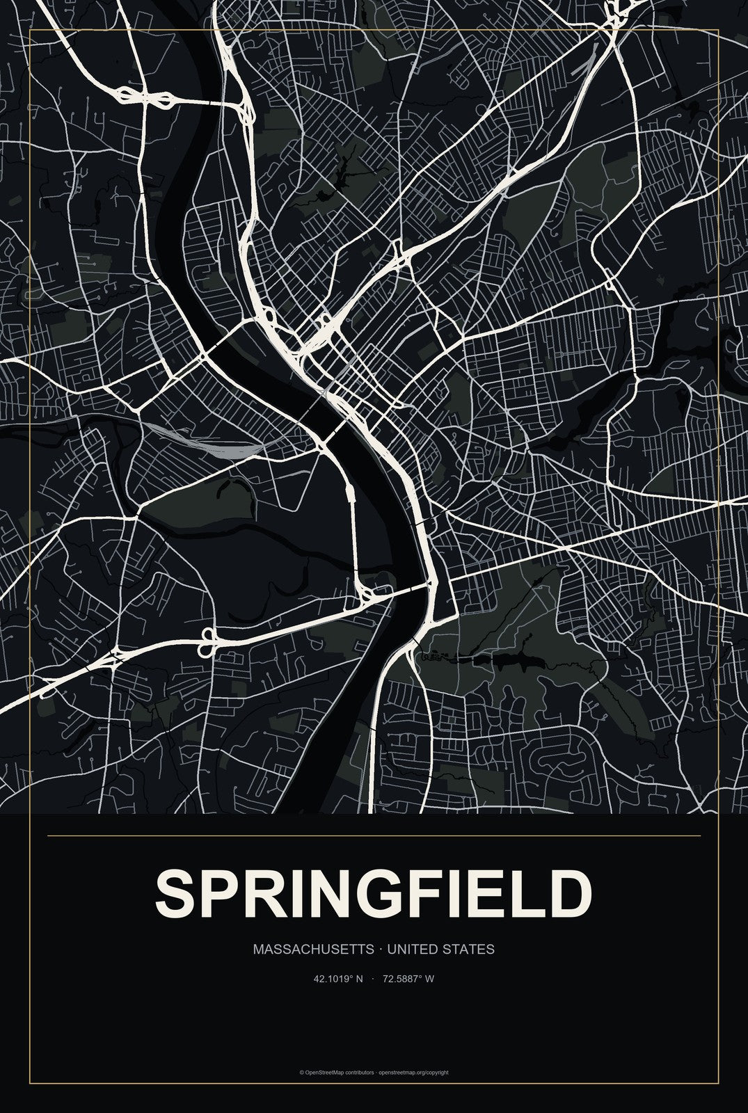 Springfield, Massachusetts City Map Aluminum Sign in Metropolitan Noir style