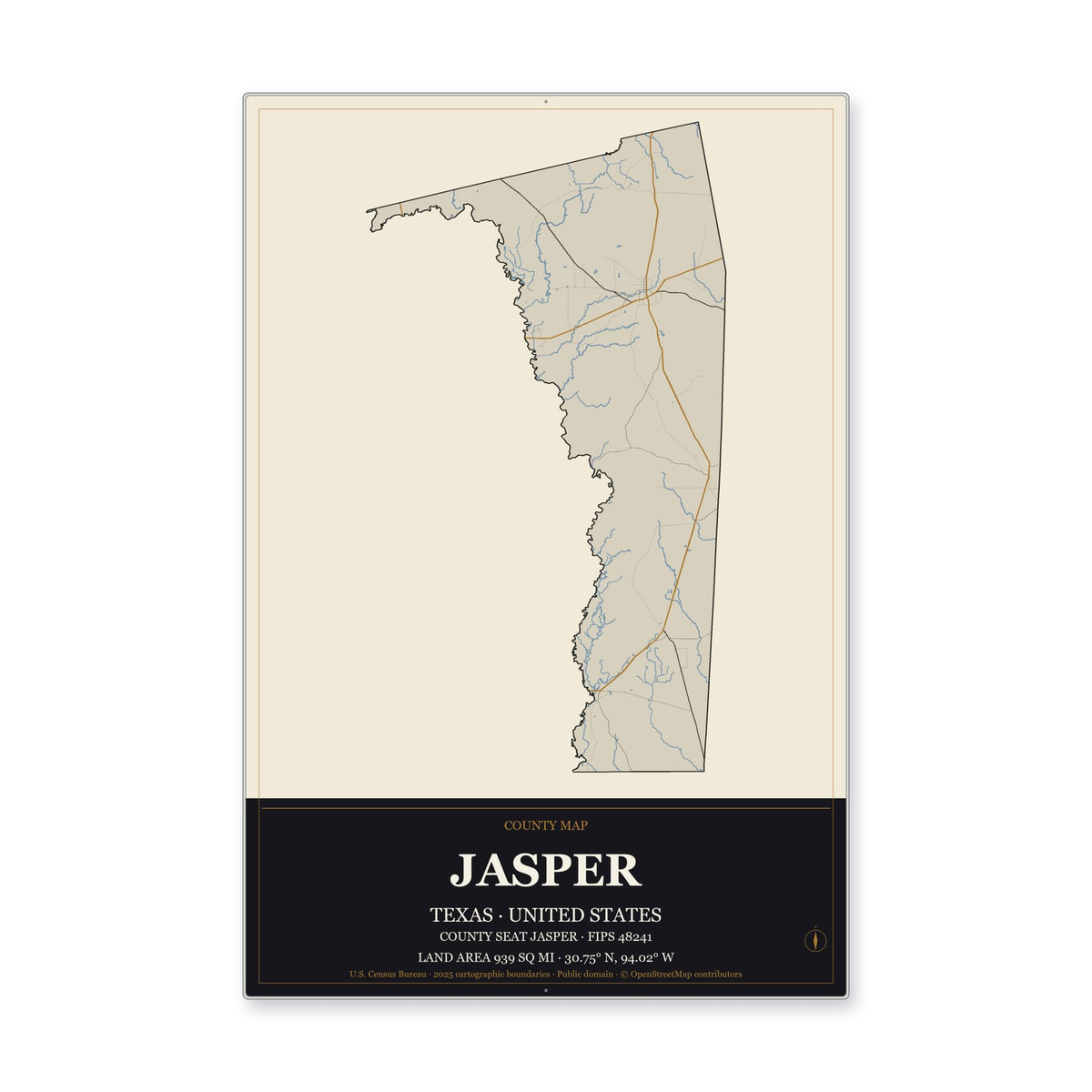 Jasper County, Texas Map Aluminum Sign in Museum Plaque style