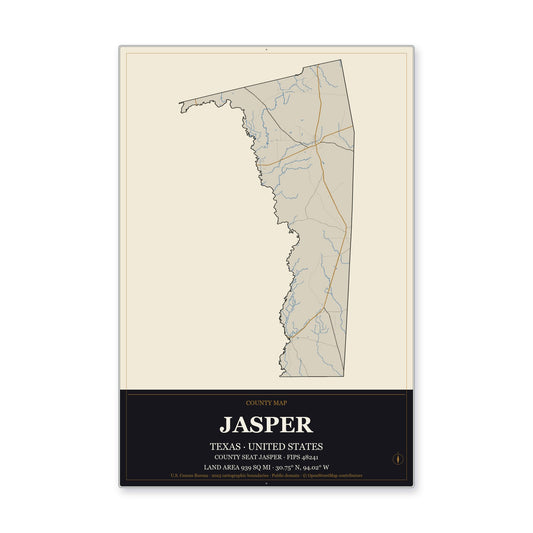 Jasper County, Texas Map Aluminum Sign in Museum Plaque style