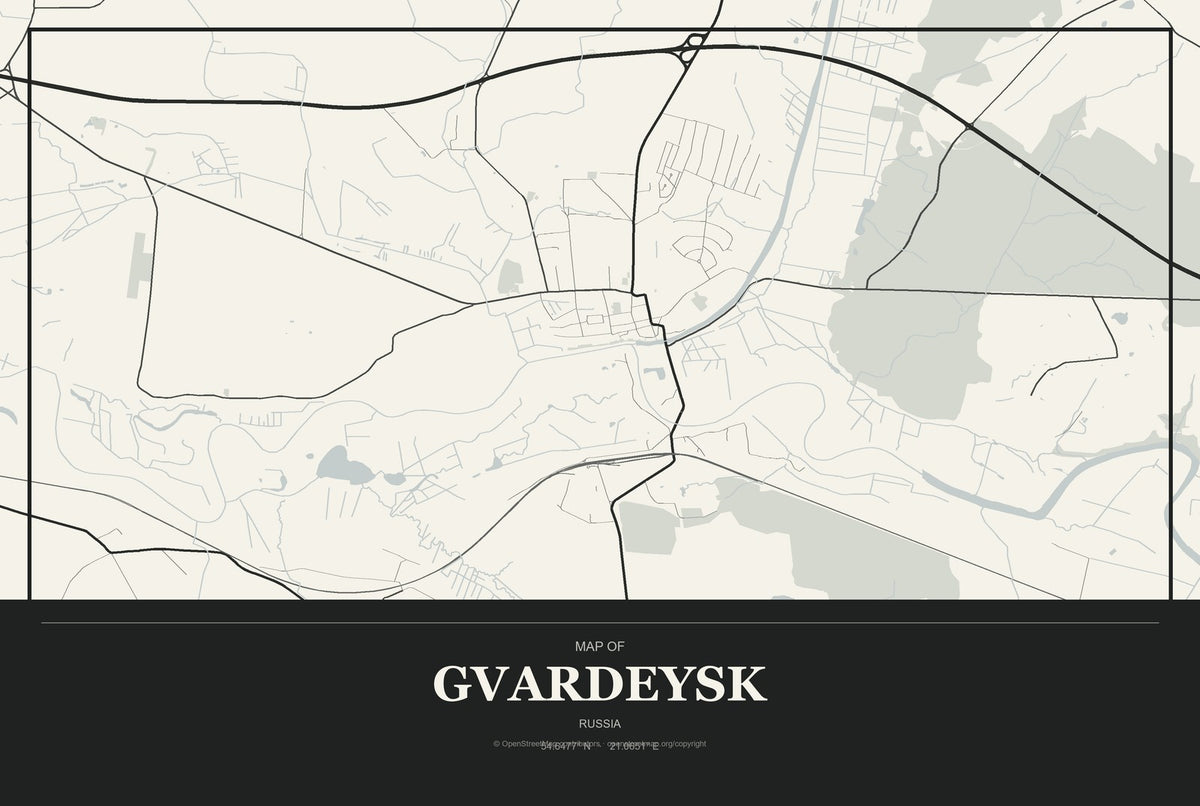 Gvardeysk, Russia City Map Aluminum Sign in Museum Plaque style