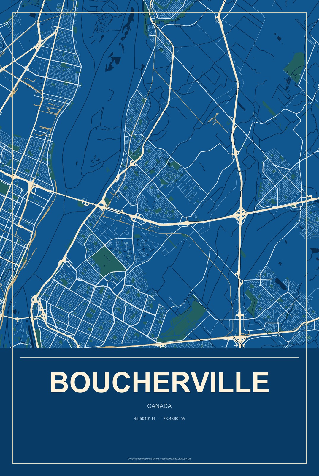Boucherville, Canada City Map Aluminum Sign in Harbor Cobalt style