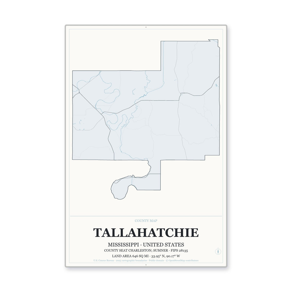 Tallahatchie County, Mississippi Map Aluminum Sign in Gallery Air style
