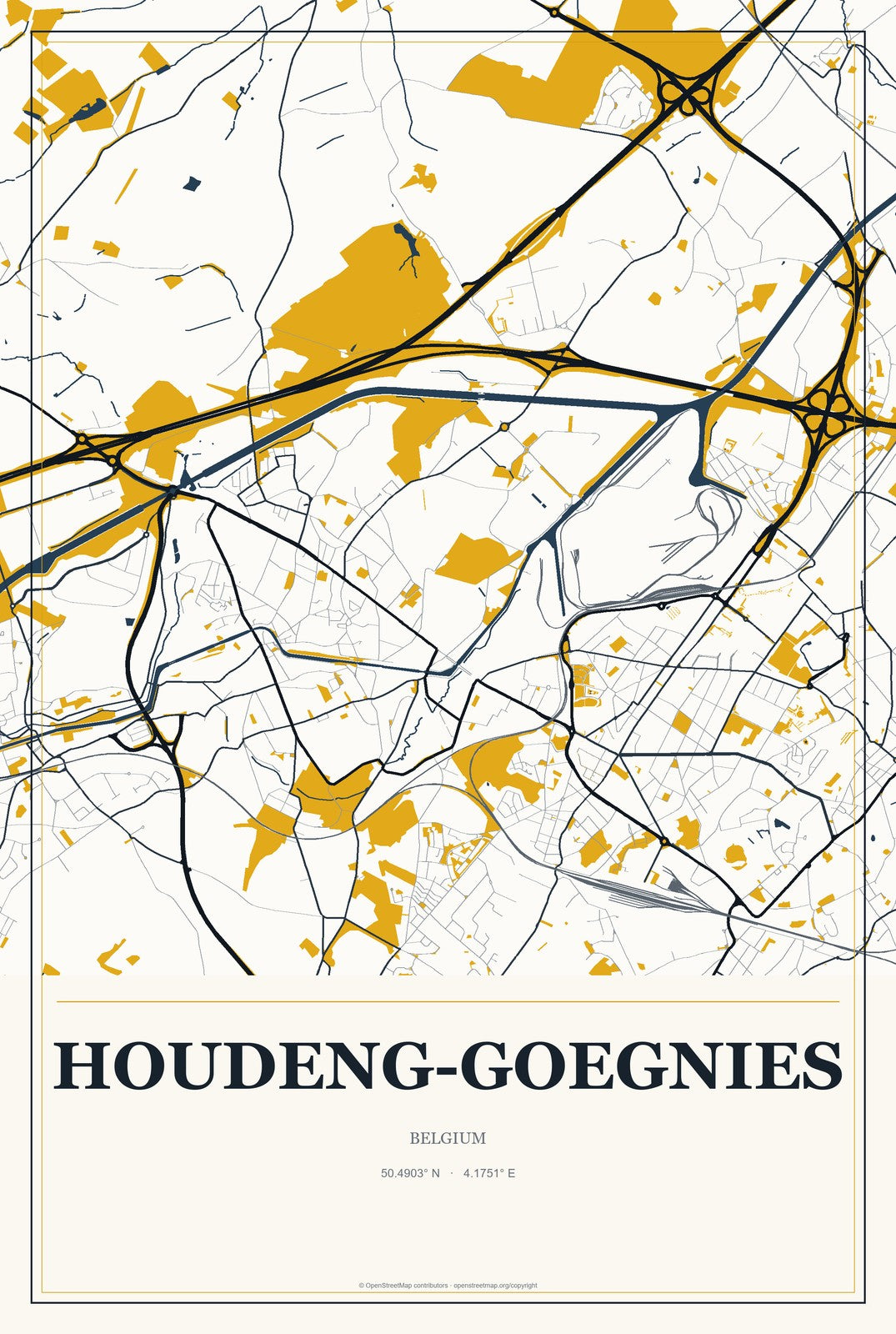 Houdeng-Goegnies, Belgium City Map Aluminum Sign in Citrine Modern style