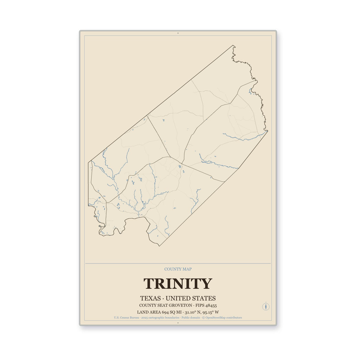 Trinity County, Texas Map Aluminum Sign in Heritage Nautical style
