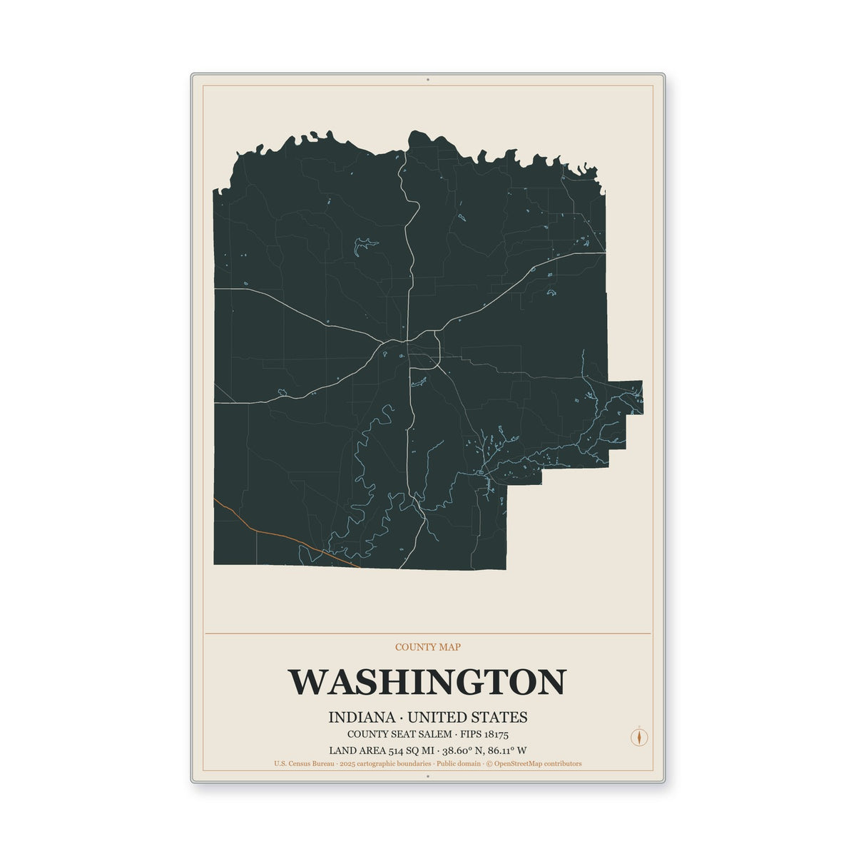 Washington County, Indiana Map Aluminum Sign in Headline Atlas style