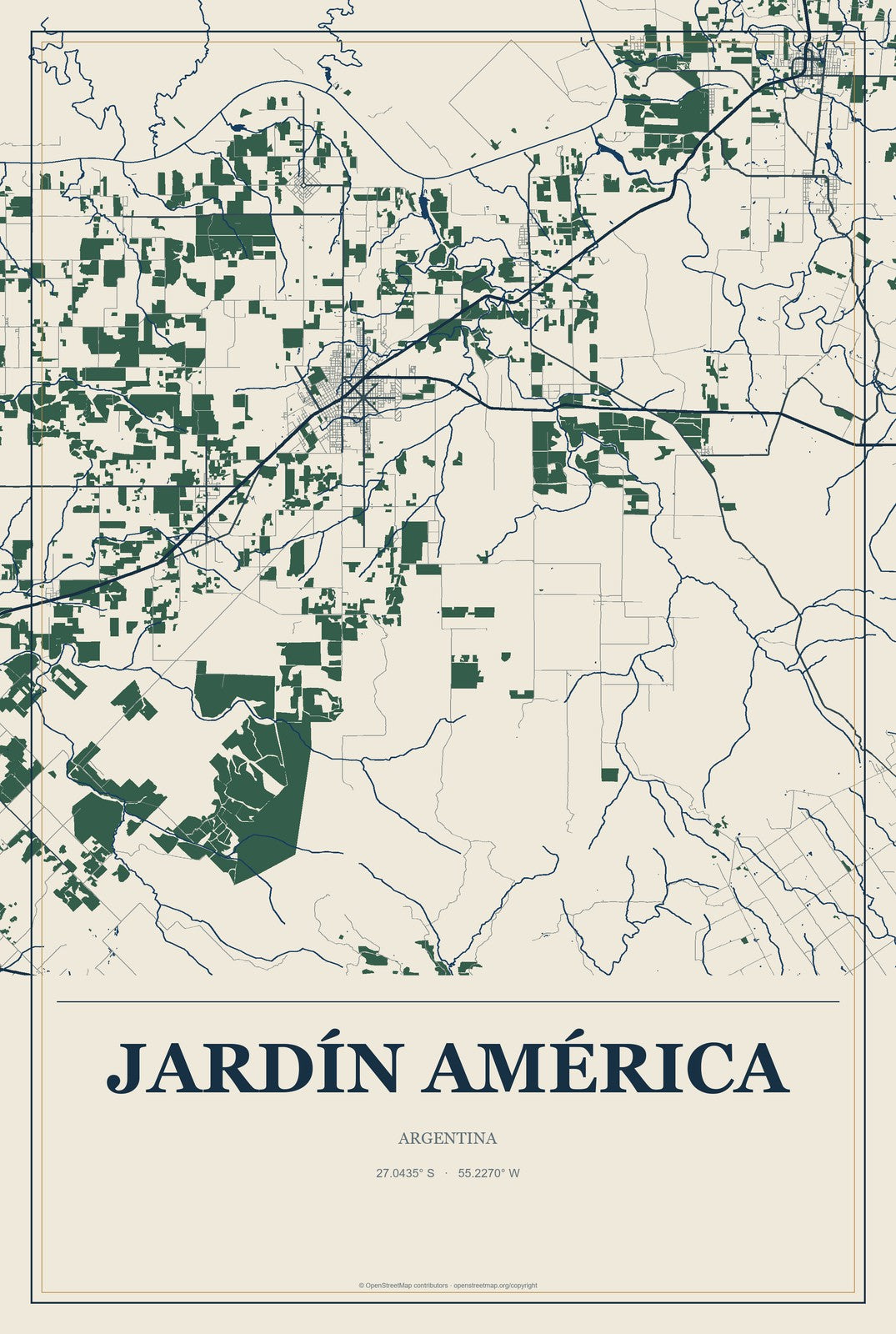 Jardín América, Argentina City Map Aluminum Sign in Coastal Cutout style
