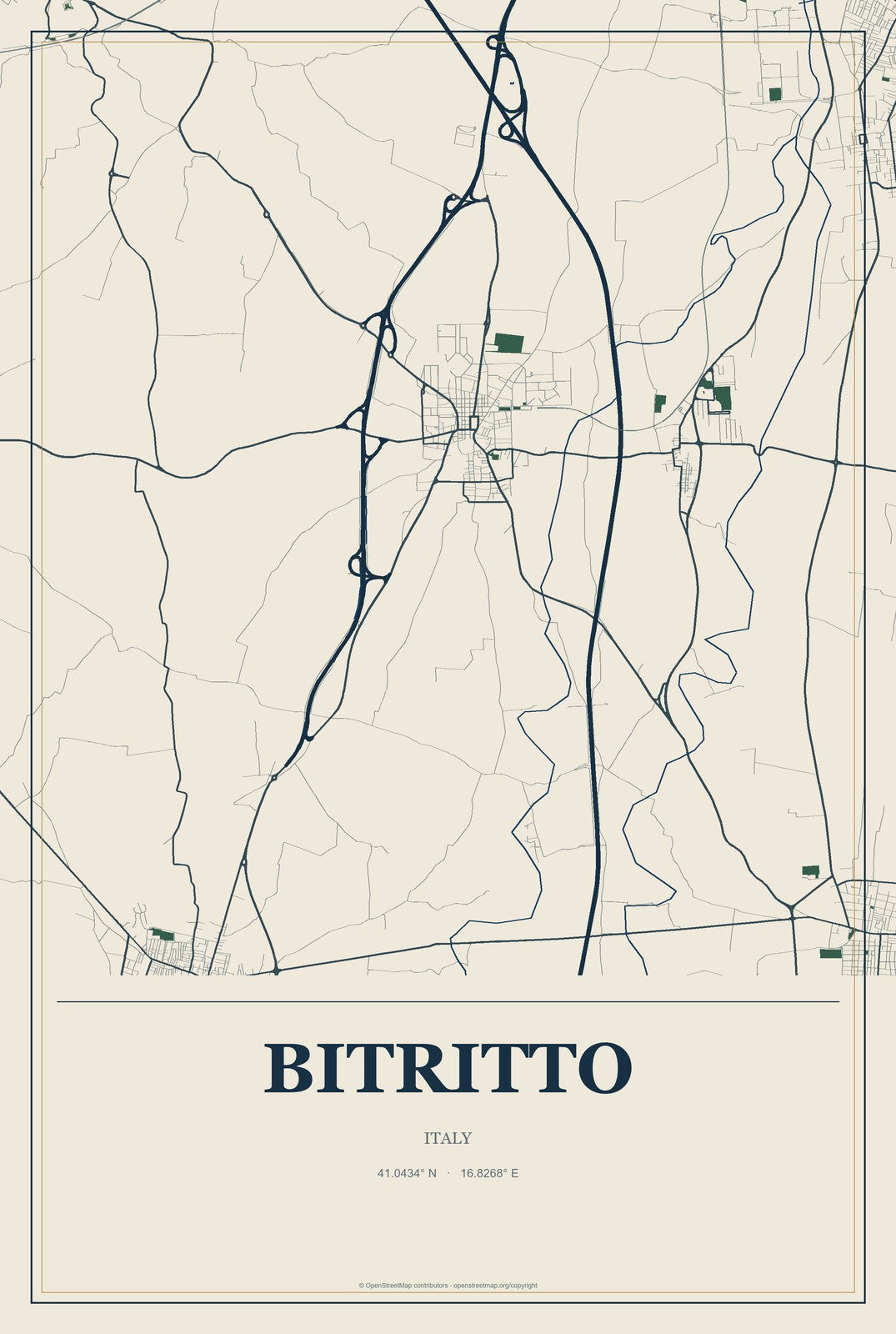 Bitritto, Italy City Map Aluminum Sign in Coastal Cutout style