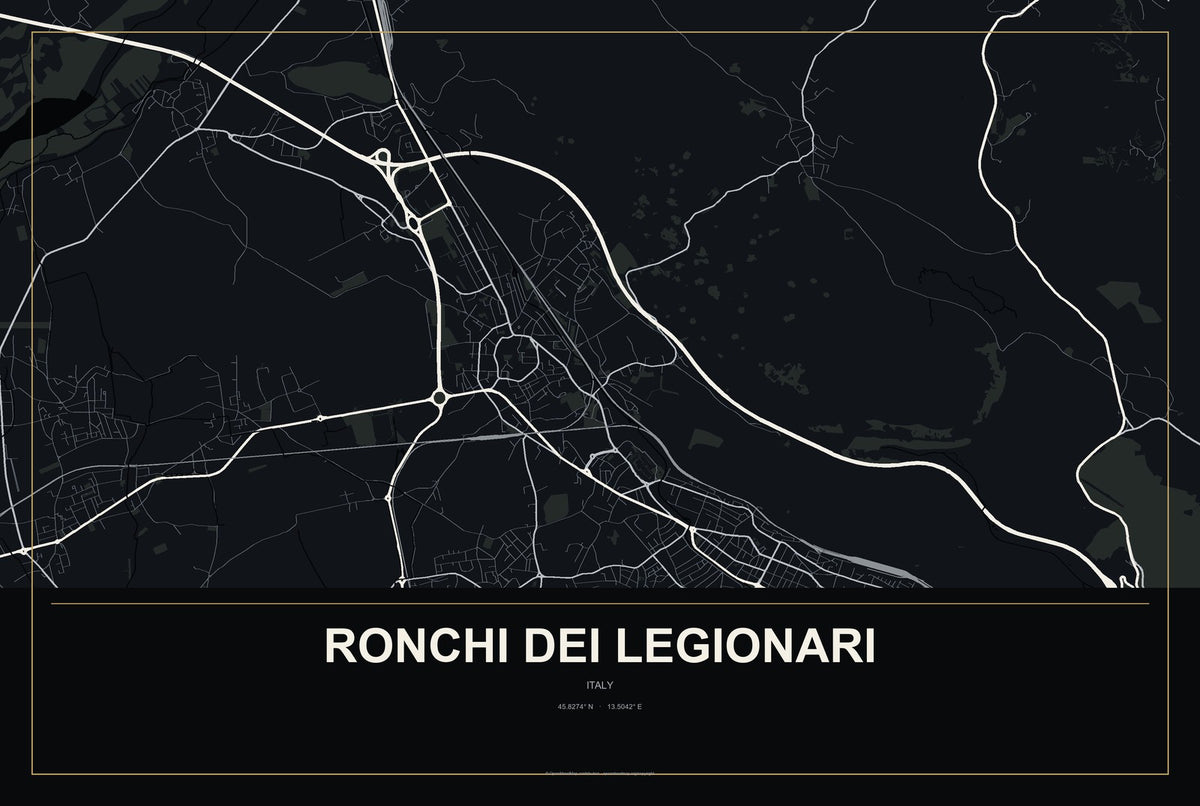 Ronchi dei Legionari, Italy City Map Aluminum Sign in Metropolitan Noir style