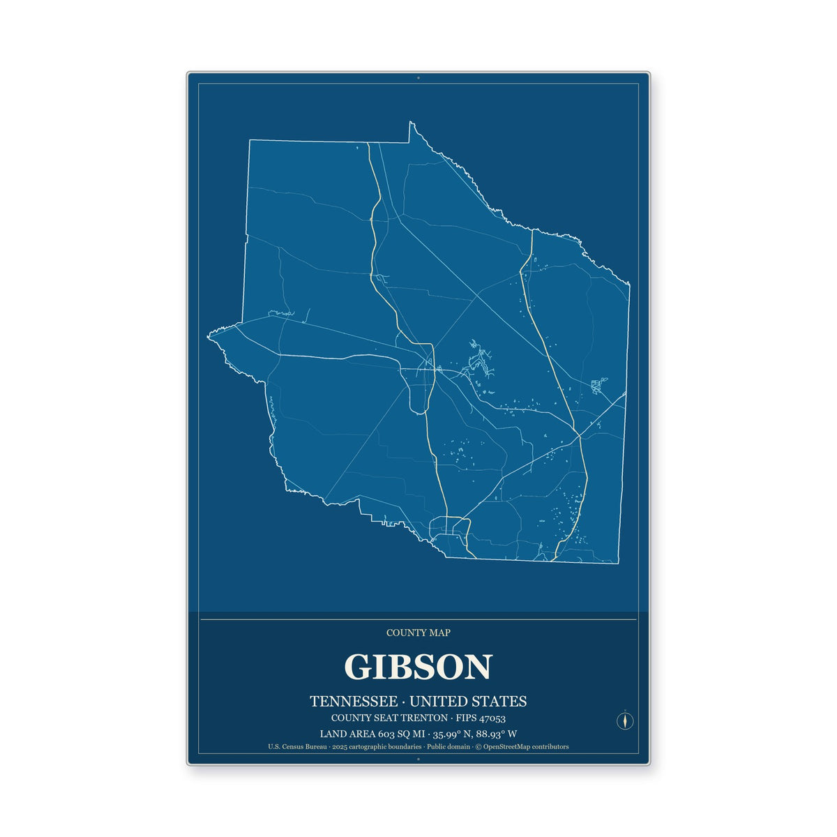 Gibson County, Tennessee Map Aluminum Sign in Harbor Cobalt style