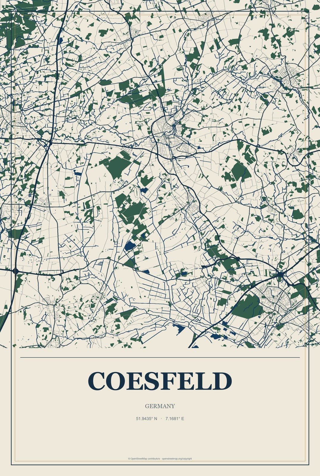 Coesfeld, Germany City Map Aluminum Sign in Coastal Cutout style