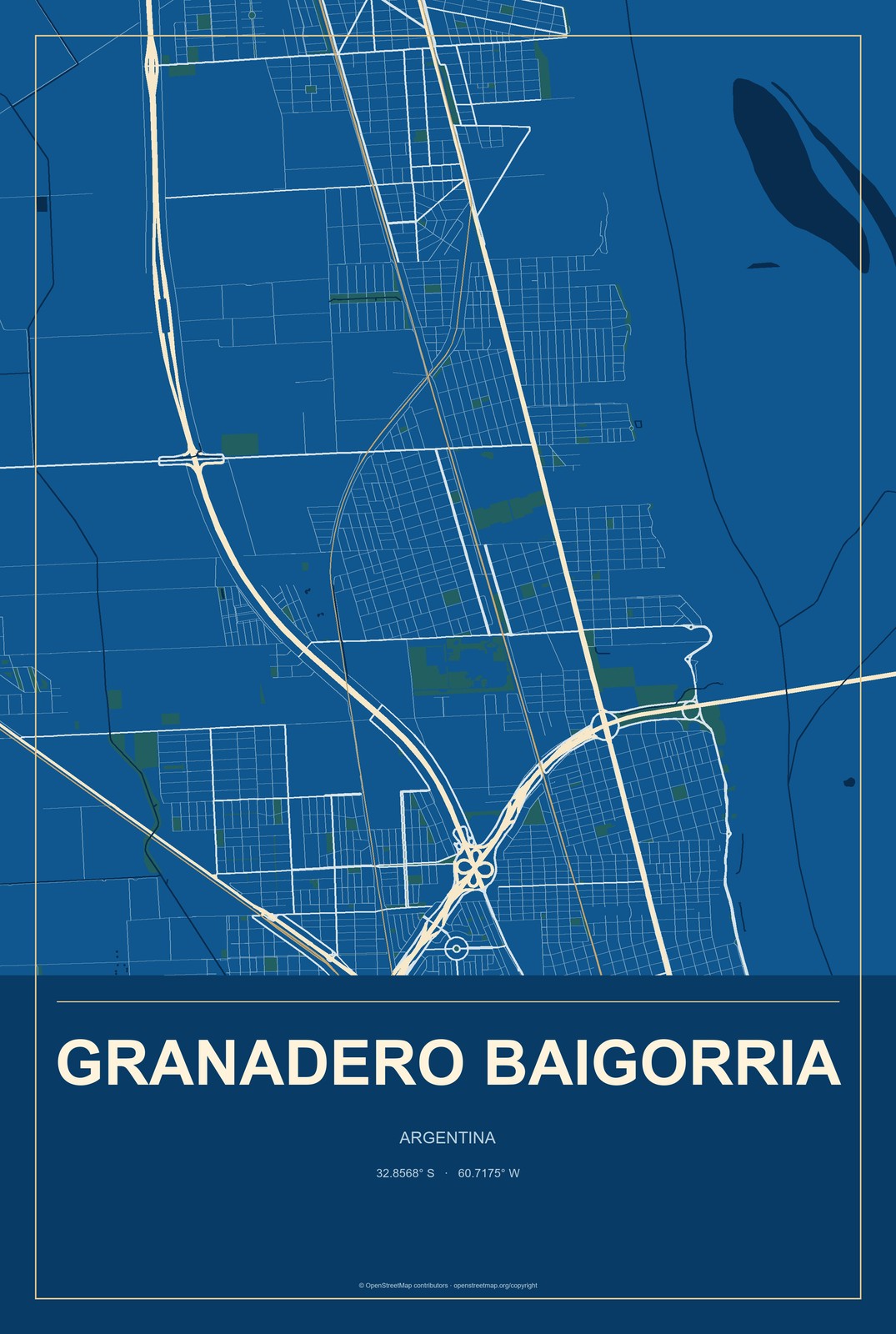 Granadero Baigorria, Argentina City Map Aluminum Sign in Harbor Cobalt style