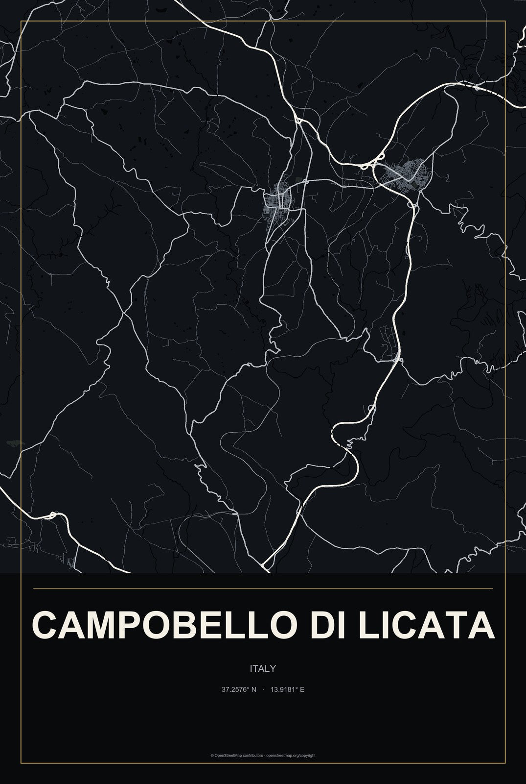 Campobello di Licata, Italy City Map Aluminum Sign in Metropolitan Noir style
