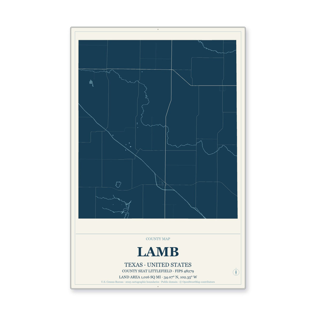 Lamb County, Texas Map Aluminum Sign in Coastal Cutout style