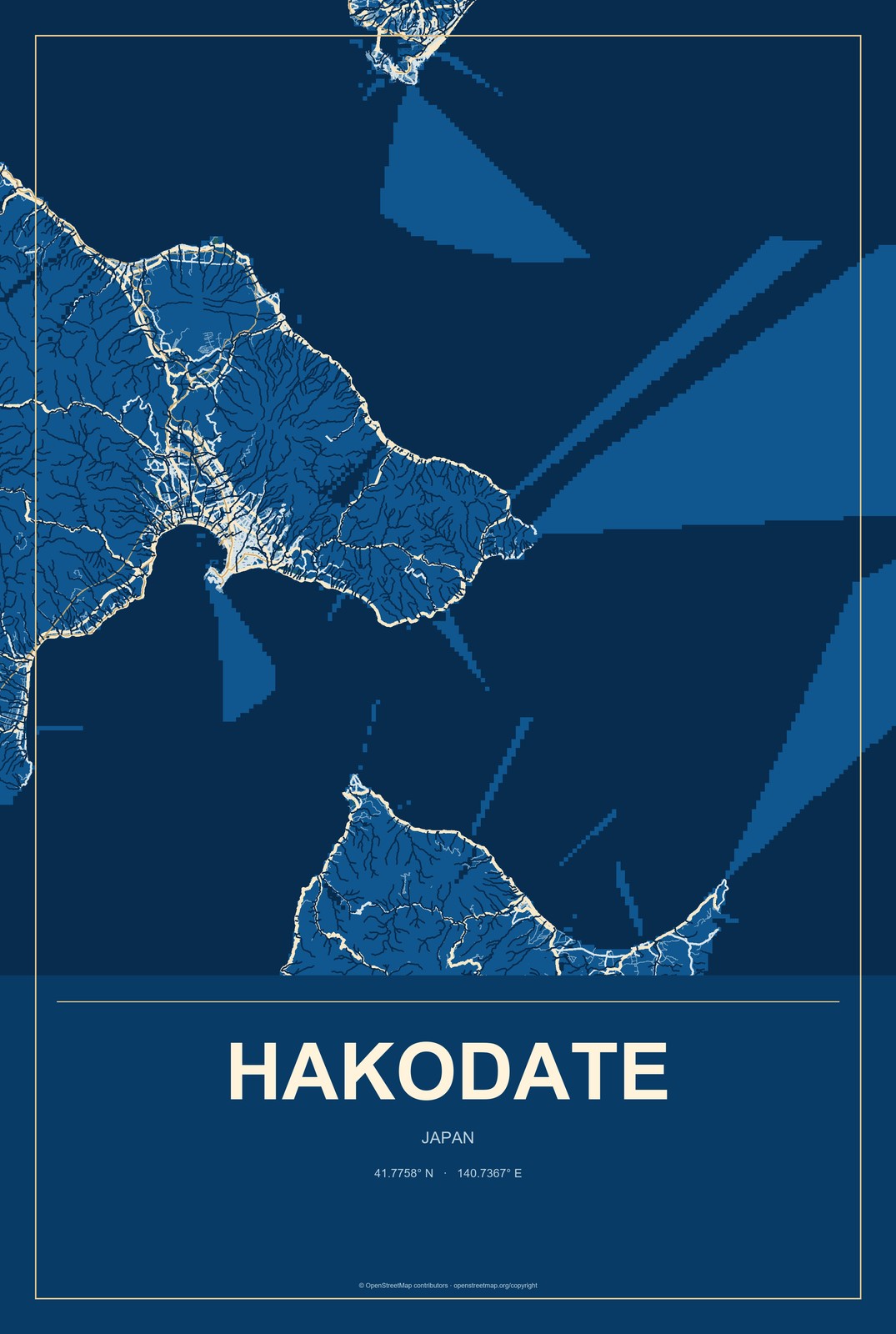 Hakodate, Japan City Map Aluminum Sign in Harbor Cobalt style