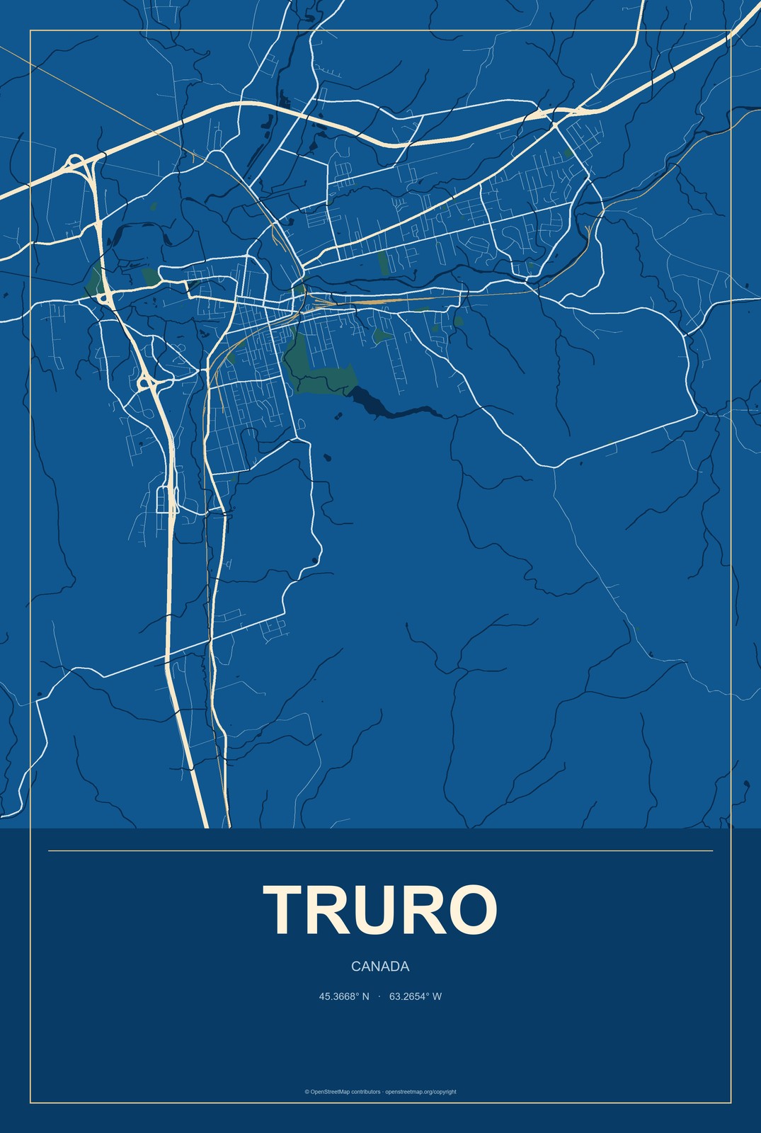 Truro, Canada City Map Aluminum Sign in Harbor Cobalt style