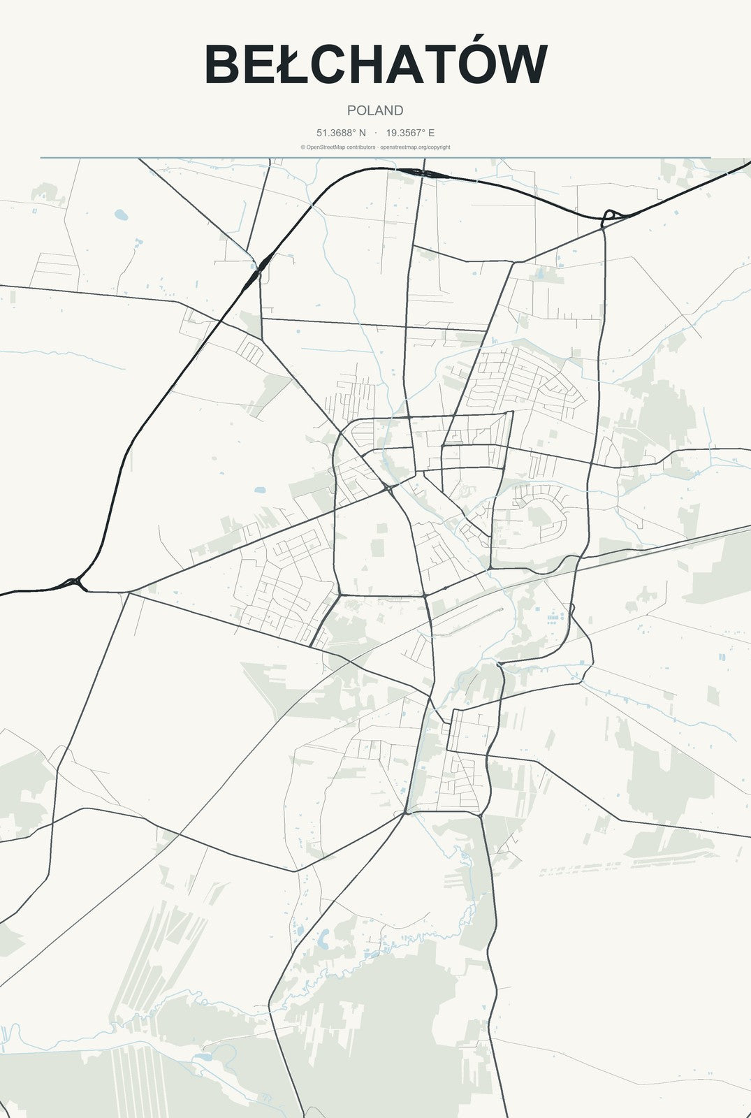Bełchatów, Poland City Map Aluminum Sign in Headline Atlas style