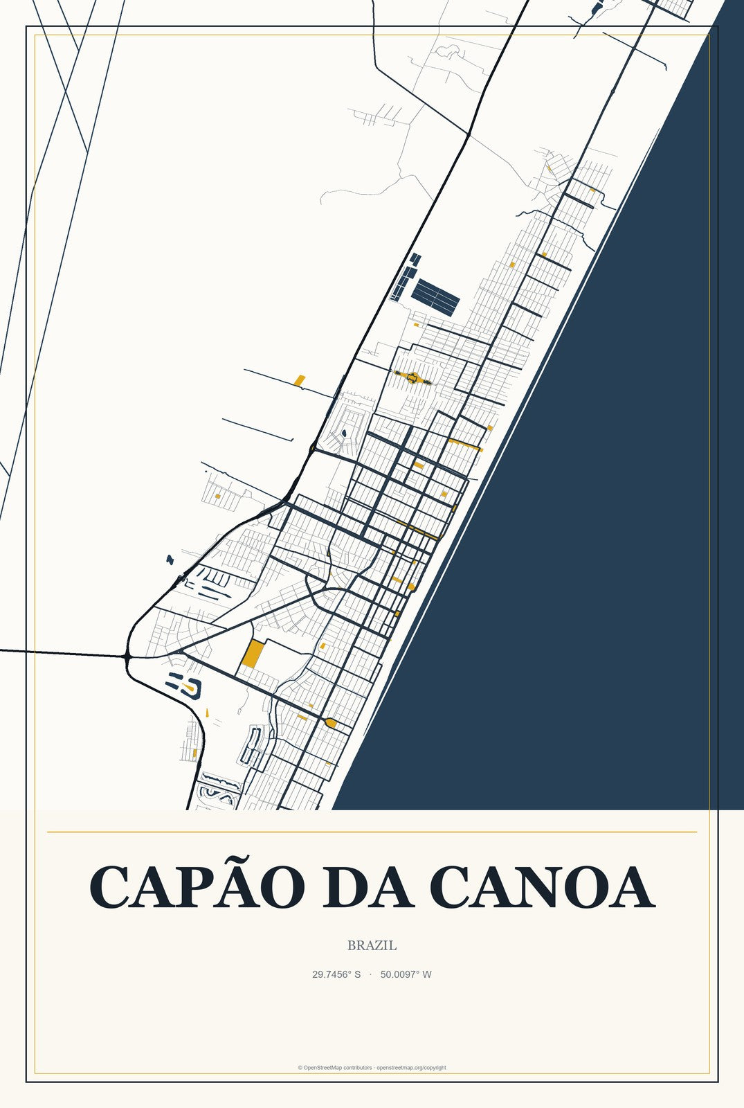 Capão da Canoa, Brazil City Map Aluminum Sign in Citrine Modern style