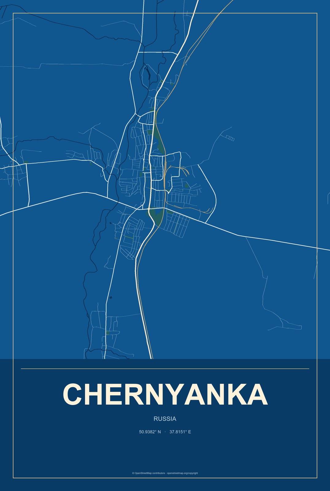 Chernyanka, Russia City Map Aluminum Sign in Harbor Cobalt style