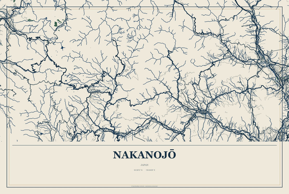 Nakanojō, Japan City Map Aluminum Sign in Coastal Cutout style