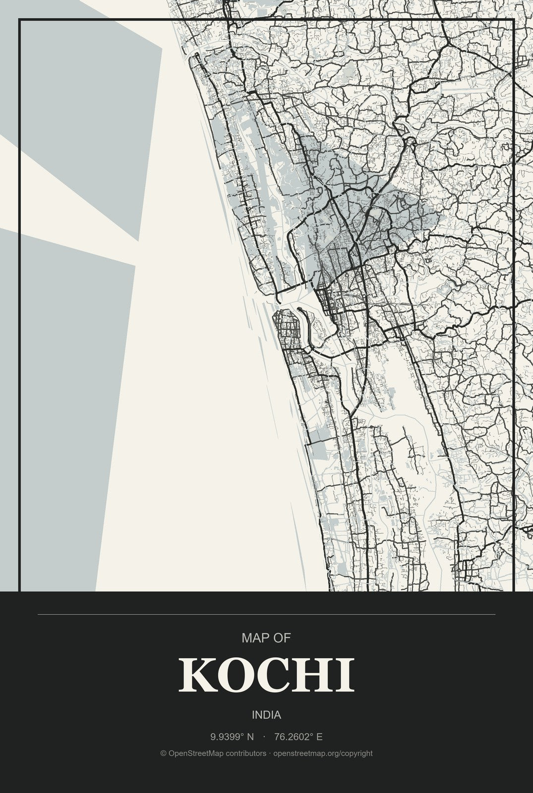 Kochi, India City Map Aluminum Sign in Museum Plaque style