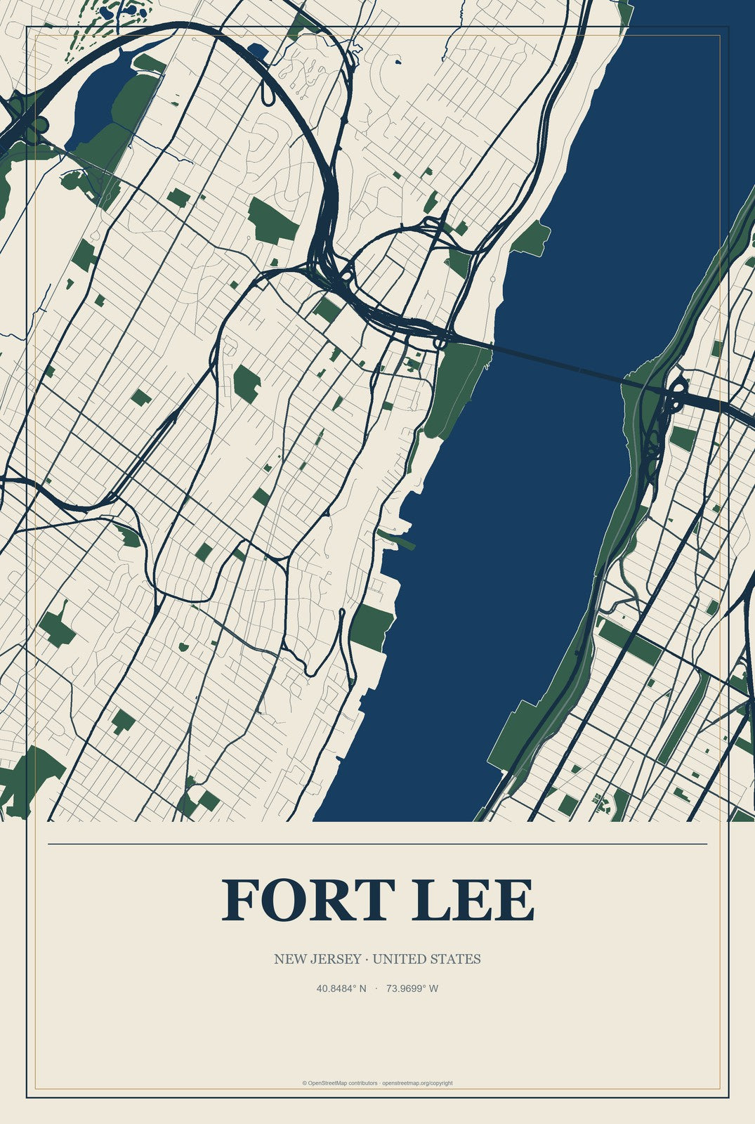 Fort Lee, New Jersey City Map Aluminum Sign in Coastal Cutout style