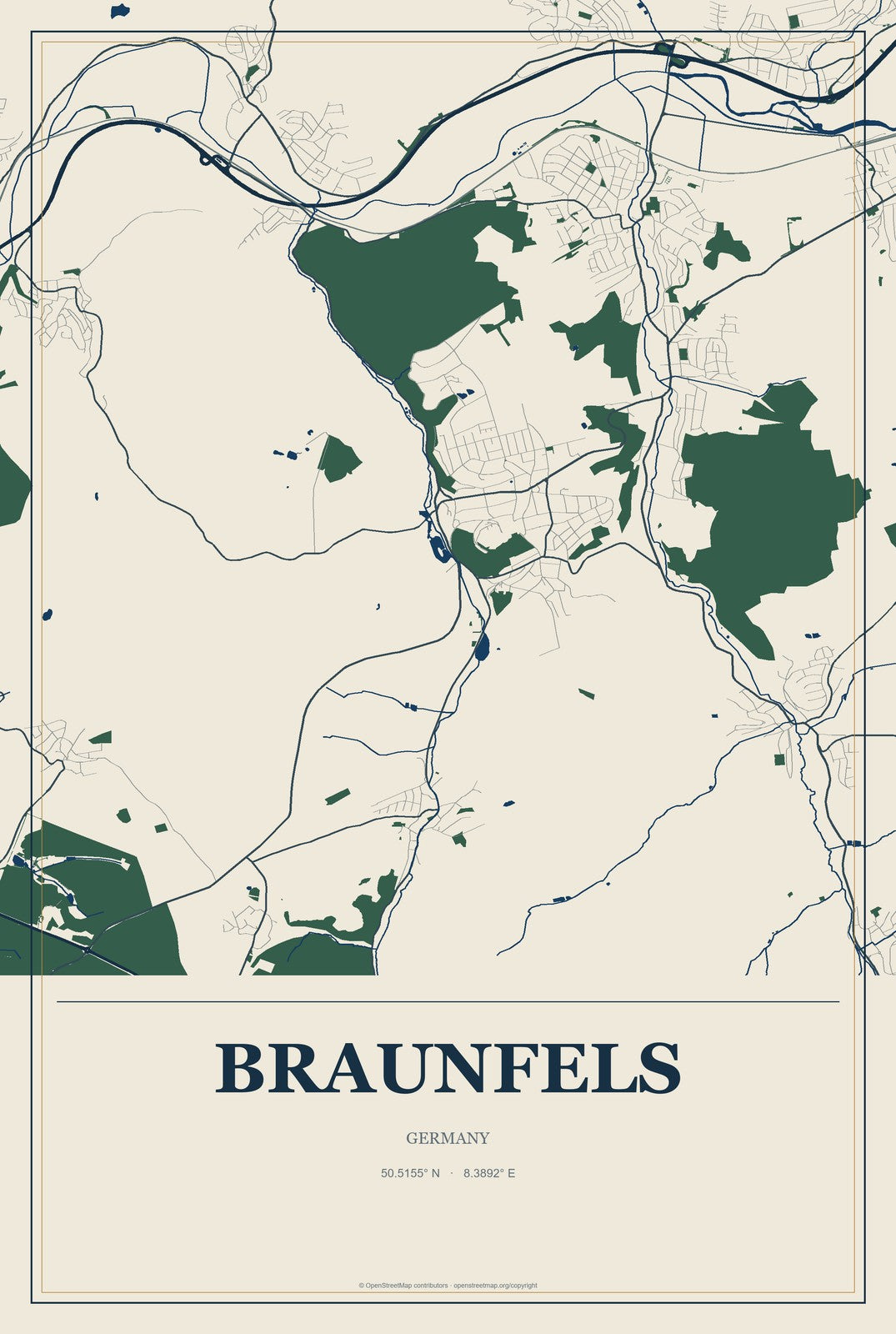 Braunfels, Germany City Map Aluminum Sign in Coastal Cutout style