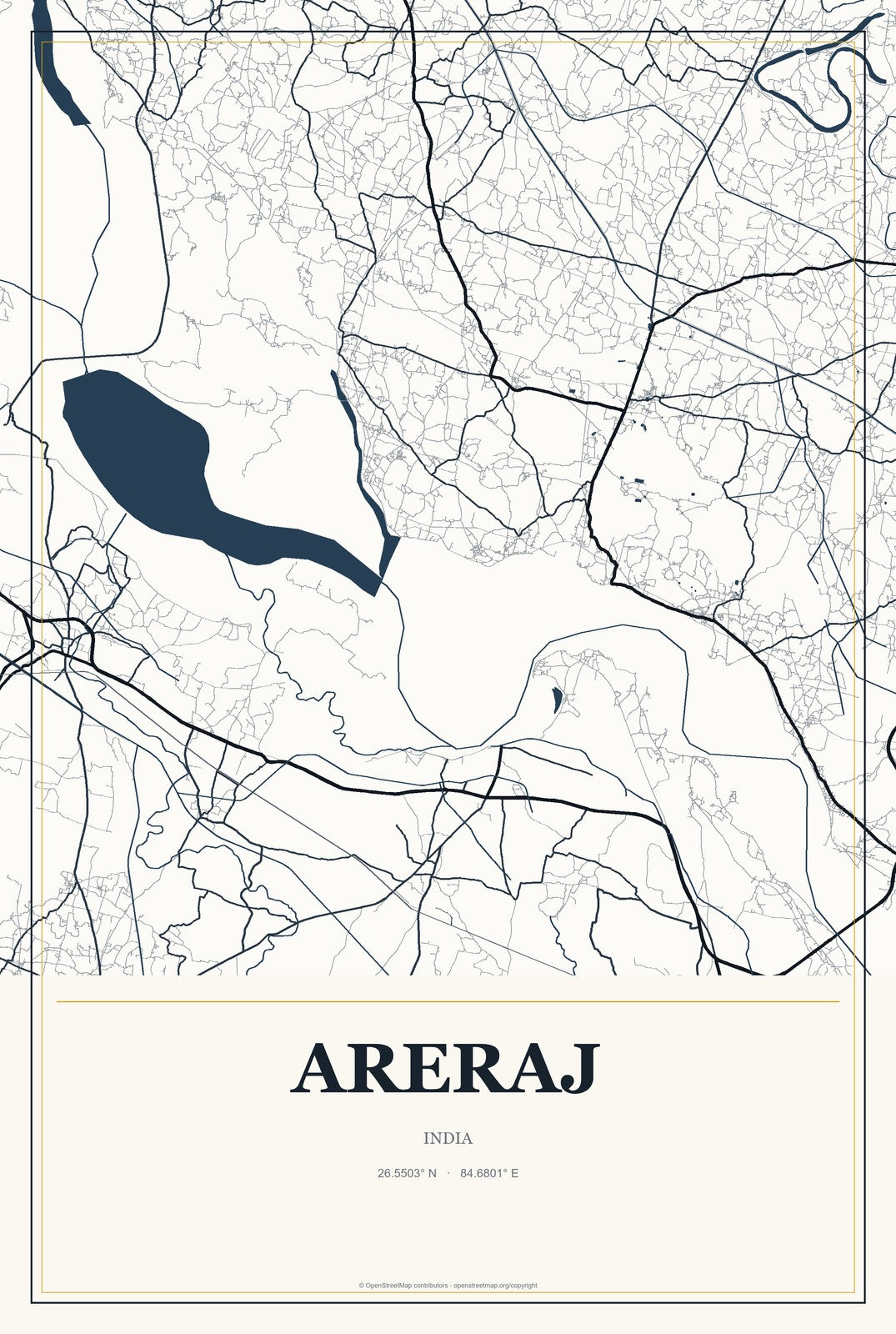 Areraj, India City Map Aluminum Sign in Citrine Modern style