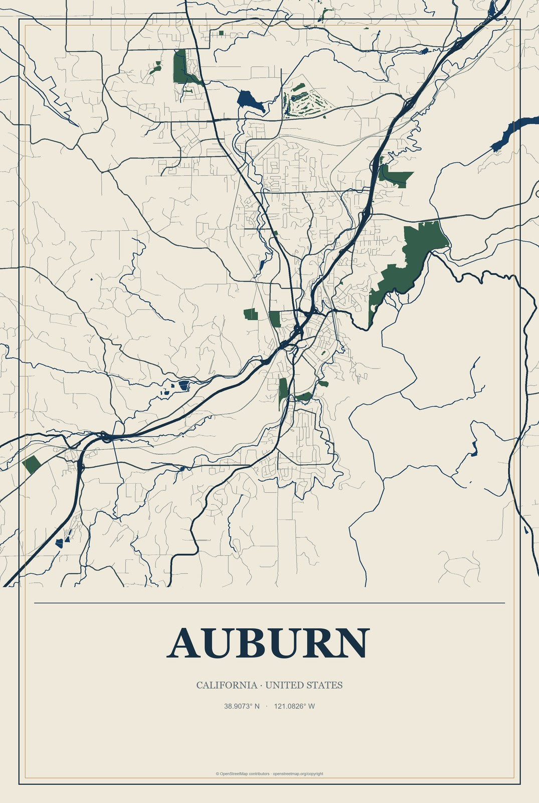 Auburn, California City Map Aluminum Sign in Coastal Cutout style