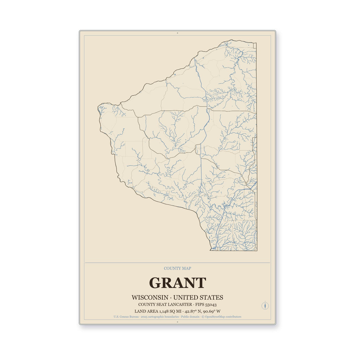 Grant County, Wisconsin Map Aluminum Sign in Heritage Nautical style