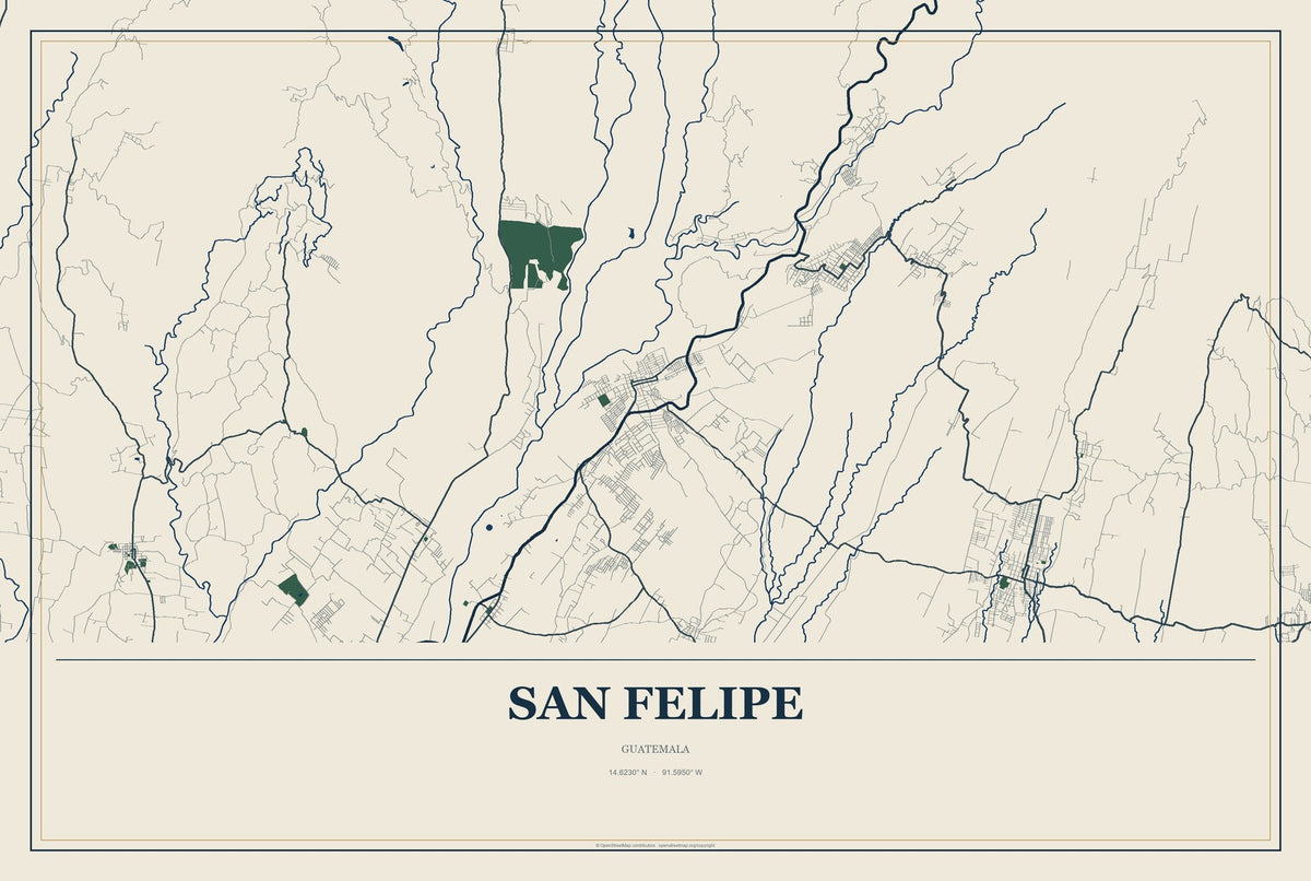 San Felipe, Guatemala City Map Aluminum Sign in Coastal Cutout style
