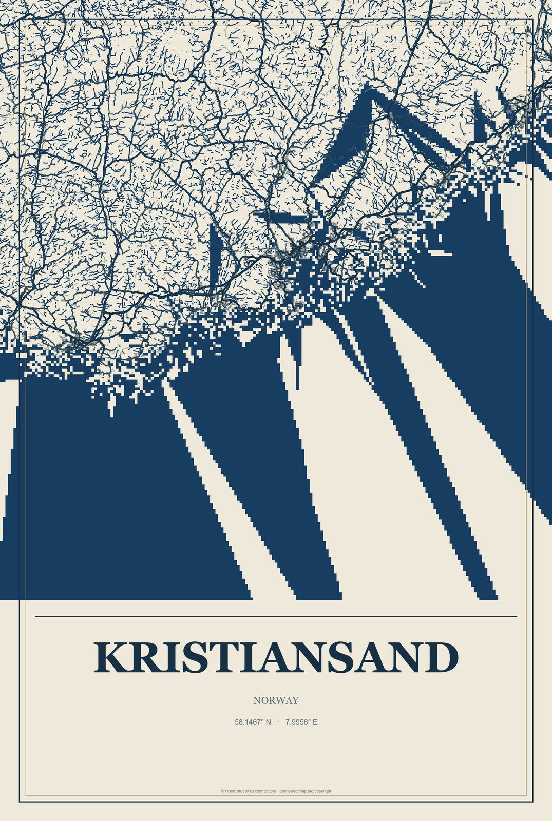 Kristiansand, Norway City Map Aluminum Sign in Coastal Cutout style
