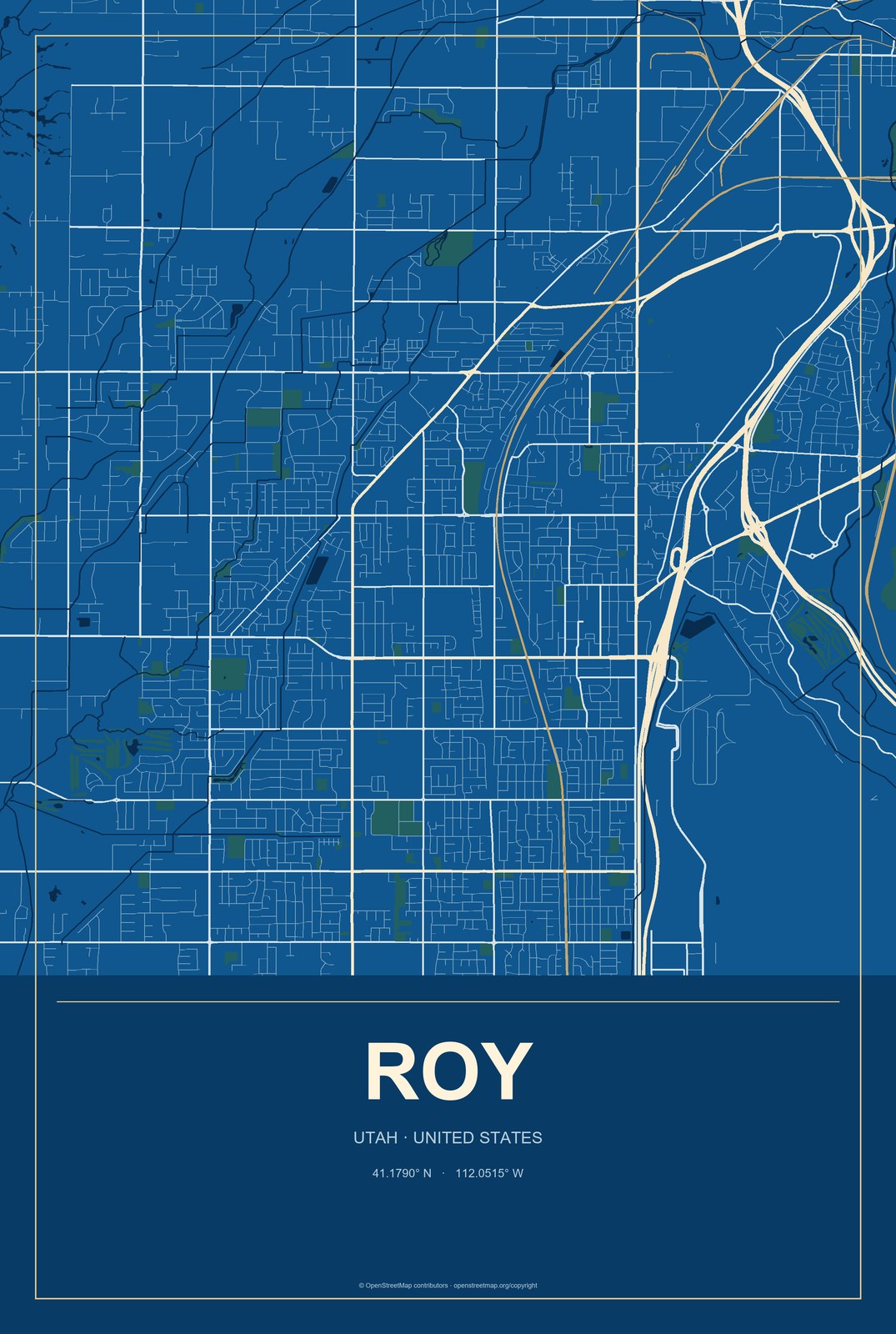 Roy, Utah City Map Aluminum Sign in Harbor Cobalt style