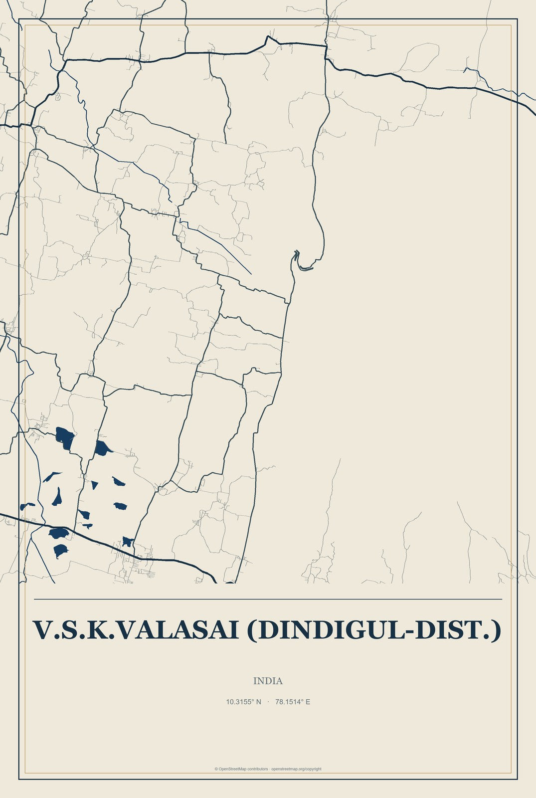 V.S.K.Valasai (Dindigul-Dist.), India City Map Aluminum Sign in Coastal Cutout style
