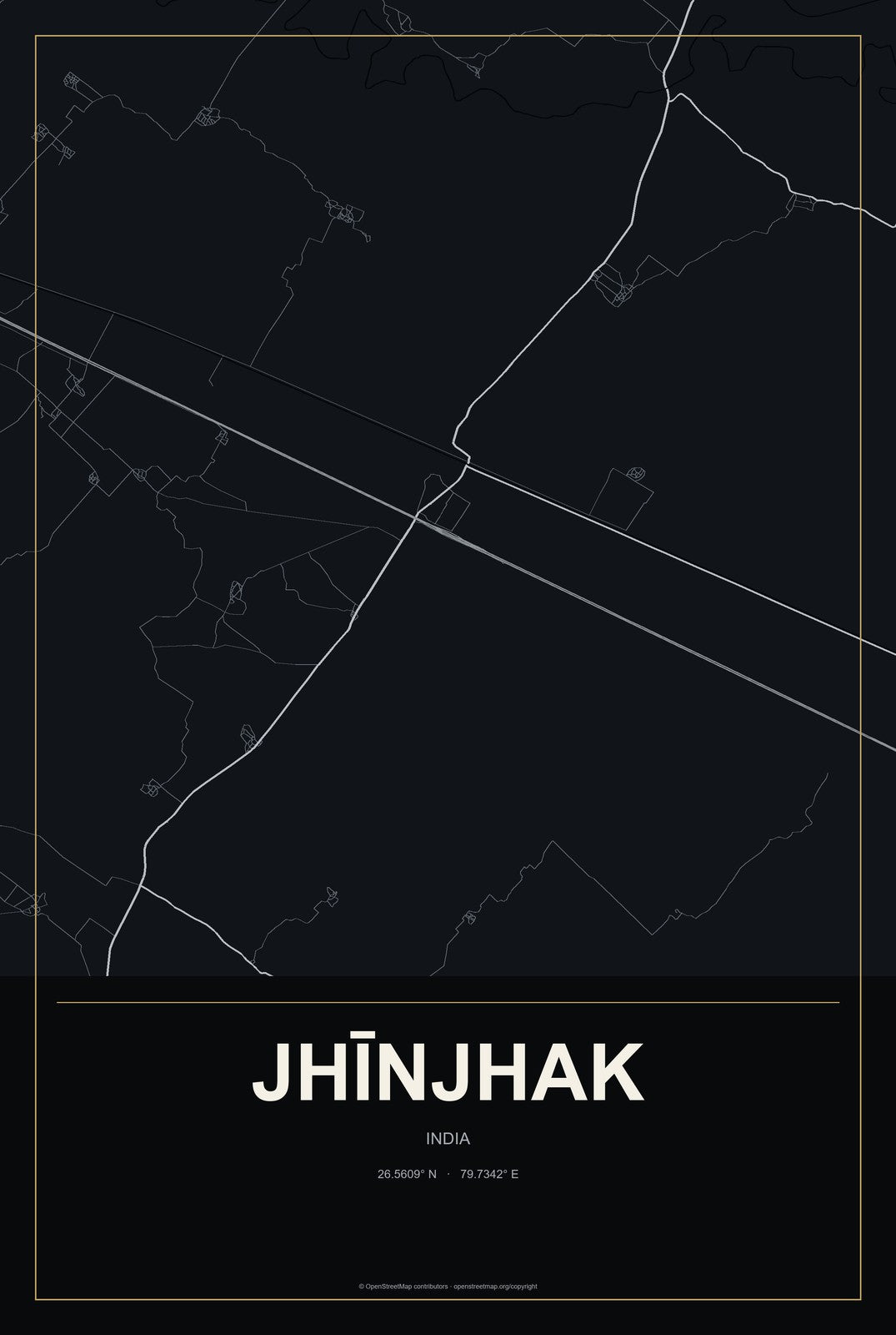 Jhīnjhak, India City Map Aluminum Sign in Metropolitan Noir style