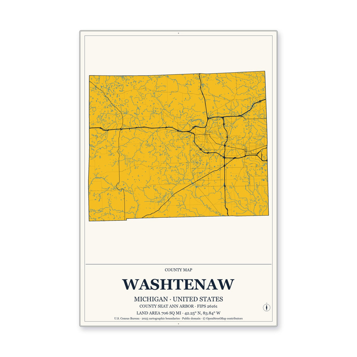 Washtenaw County, Michigan Map Aluminum Sign in Citrine Modern style
