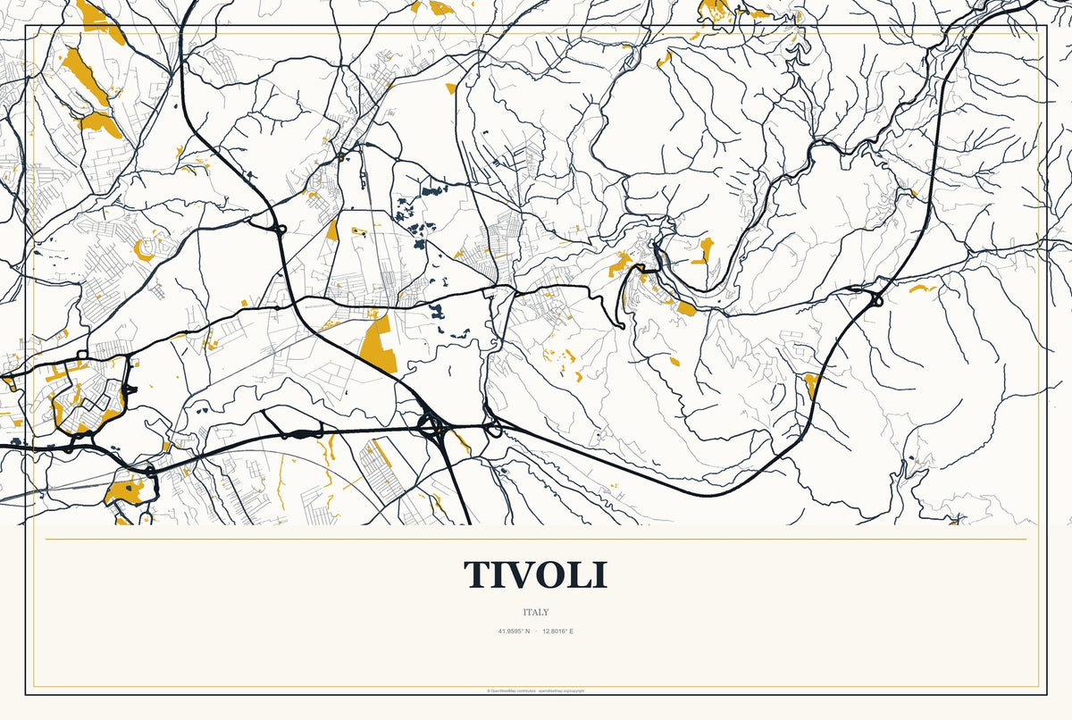 Tivoli, Italy City Map Aluminum Sign in Citrine Modern style