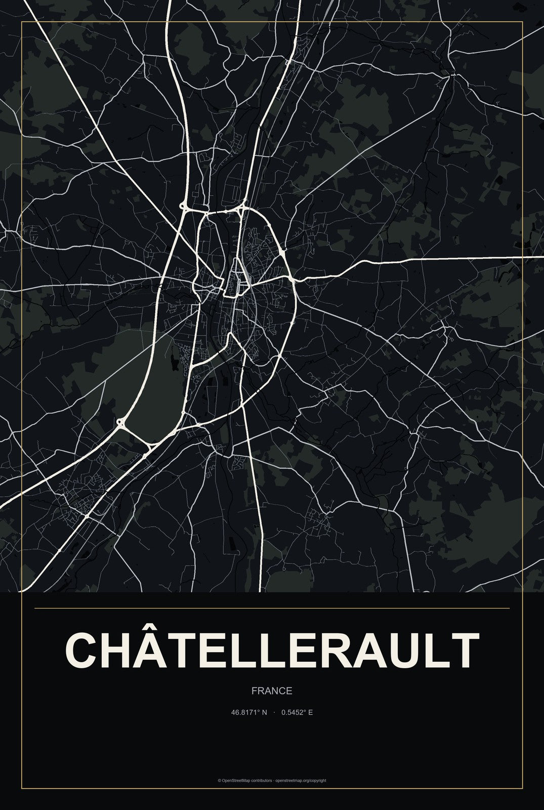 Châtellerault, France City Map Aluminum Sign in Metropolitan Noir style