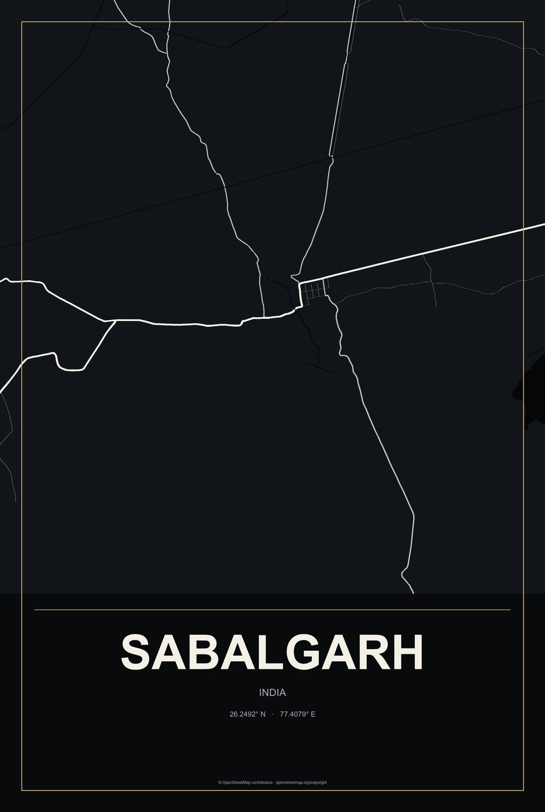 Sabalgarh, India City Map Aluminum Sign in Metropolitan Noir style