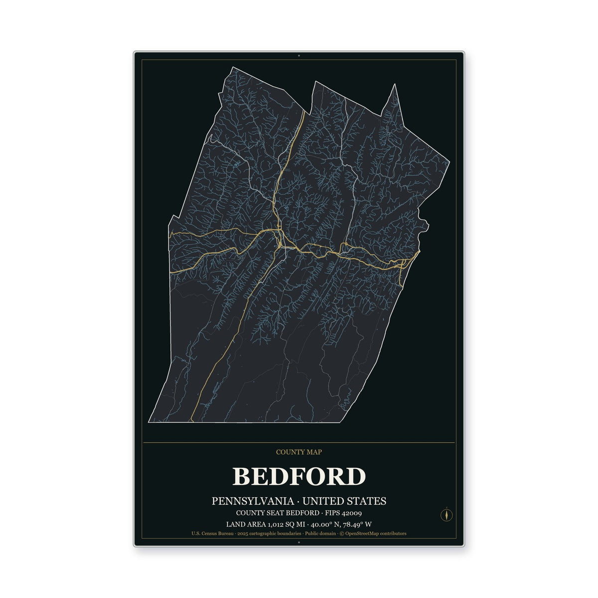 Bedford County, Pennsylvania Map Aluminum Sign in Metropolitan Noir style