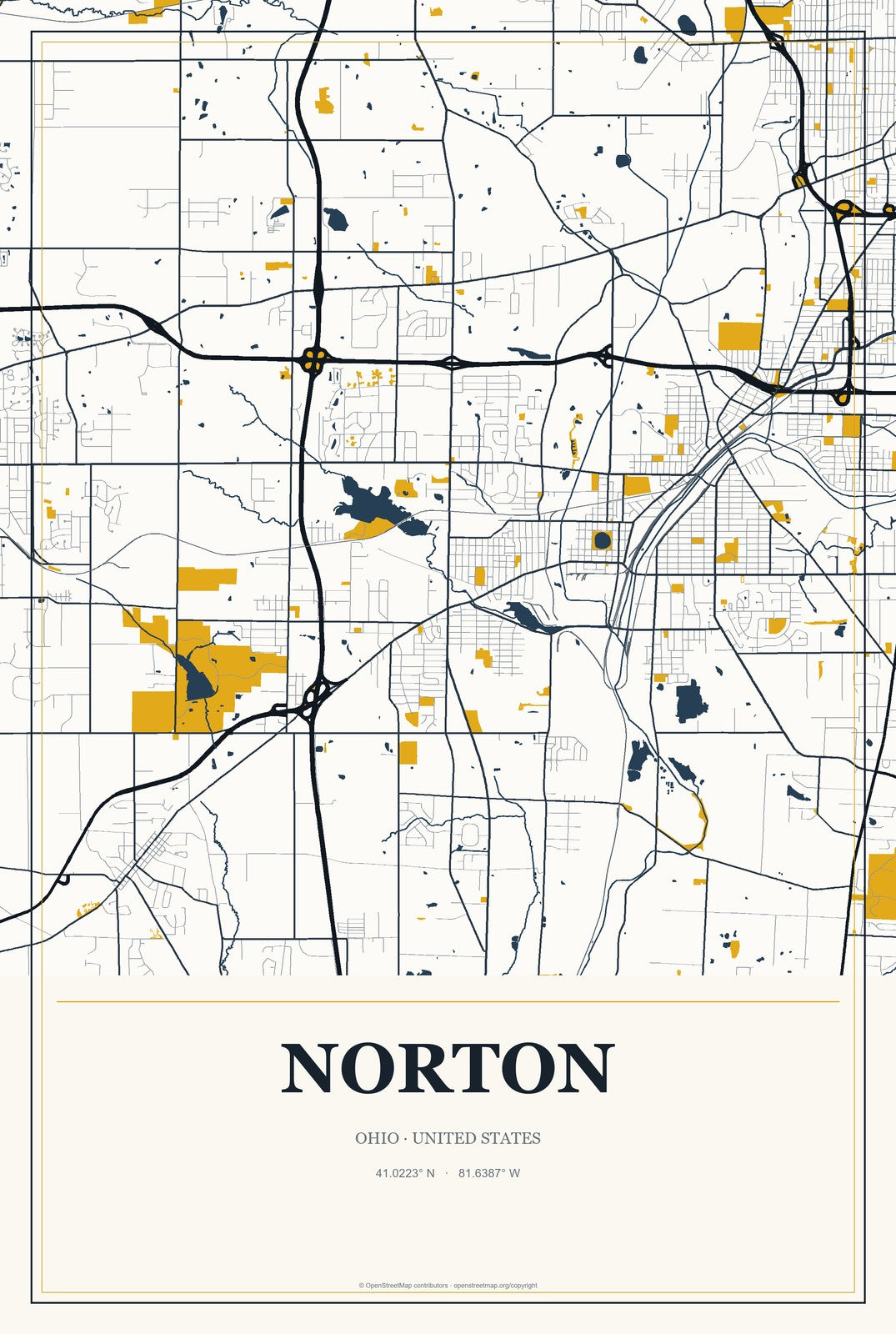 Norton, Ohio City Map Aluminum Sign in Citrine Modern style