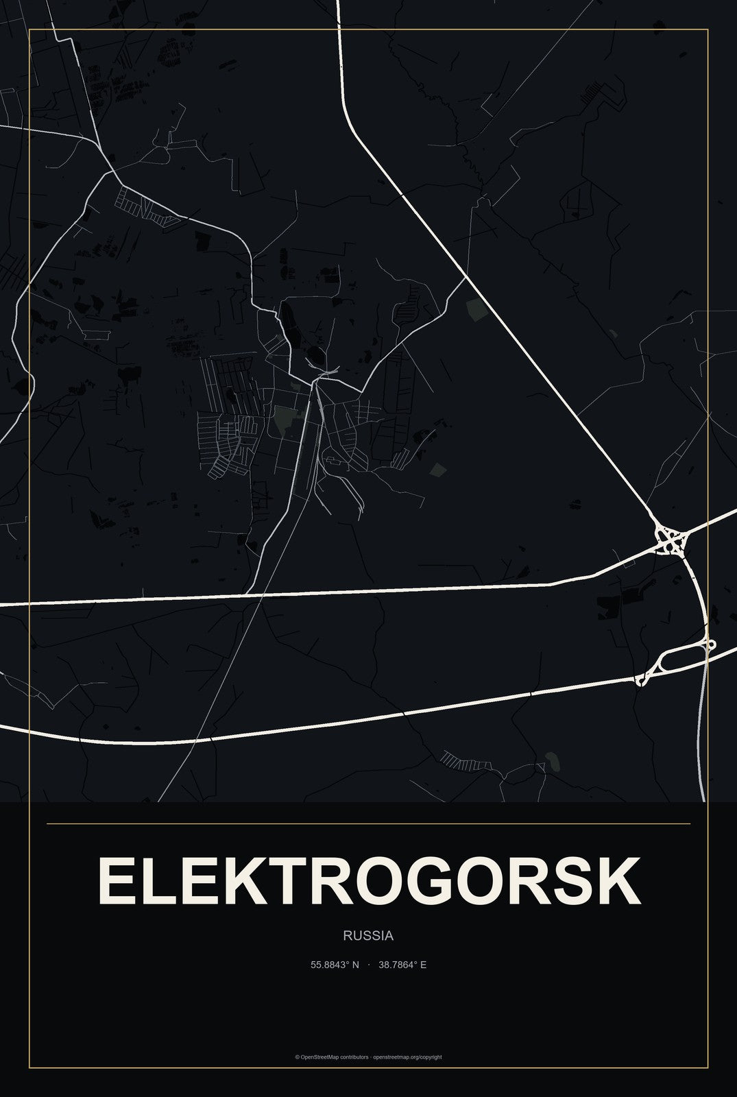 Elektrogorsk, Russia City Map Aluminum Sign in Metropolitan Noir style