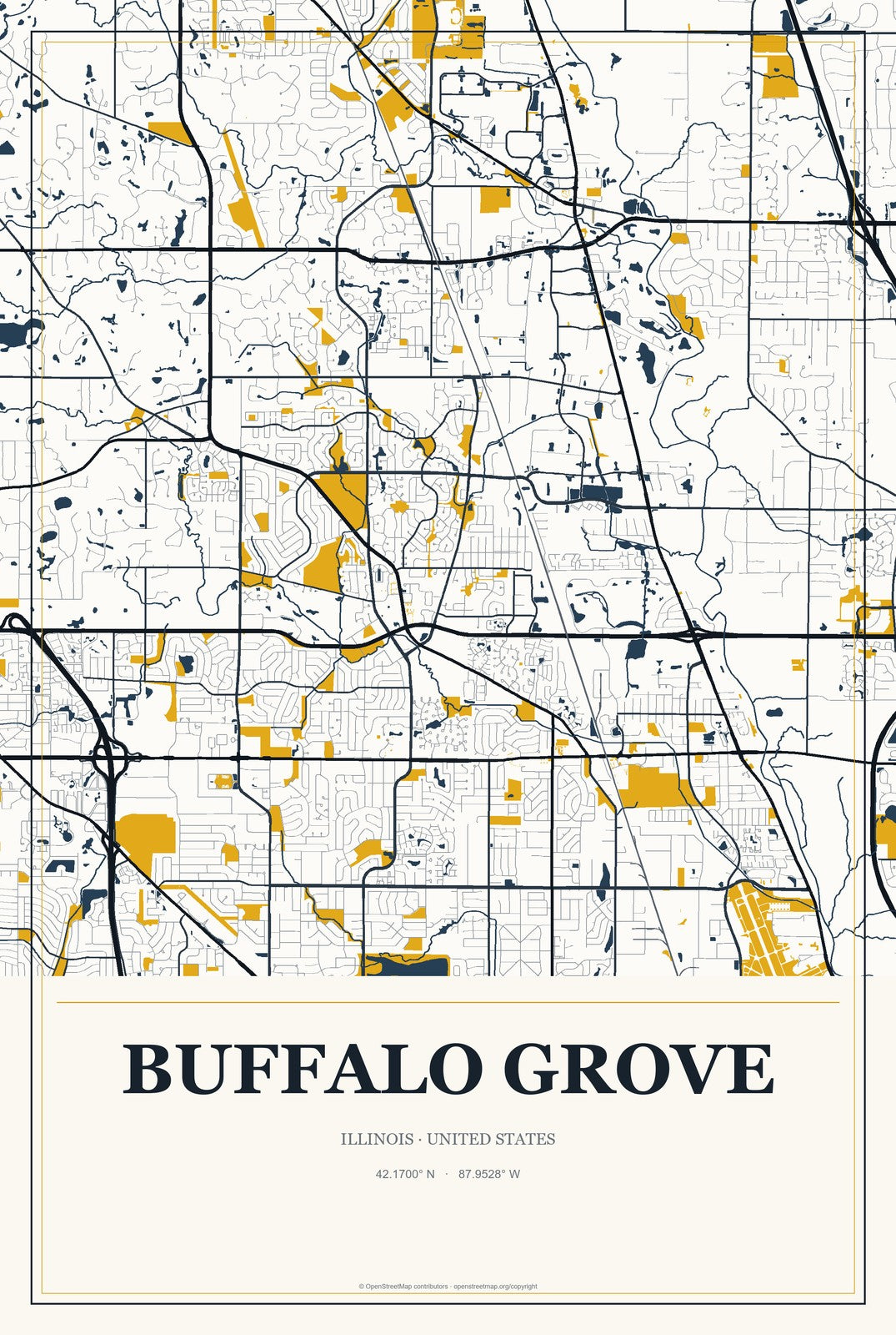 Buffalo Grove, Illinois City Map Aluminum Sign in Citrine Modern style
