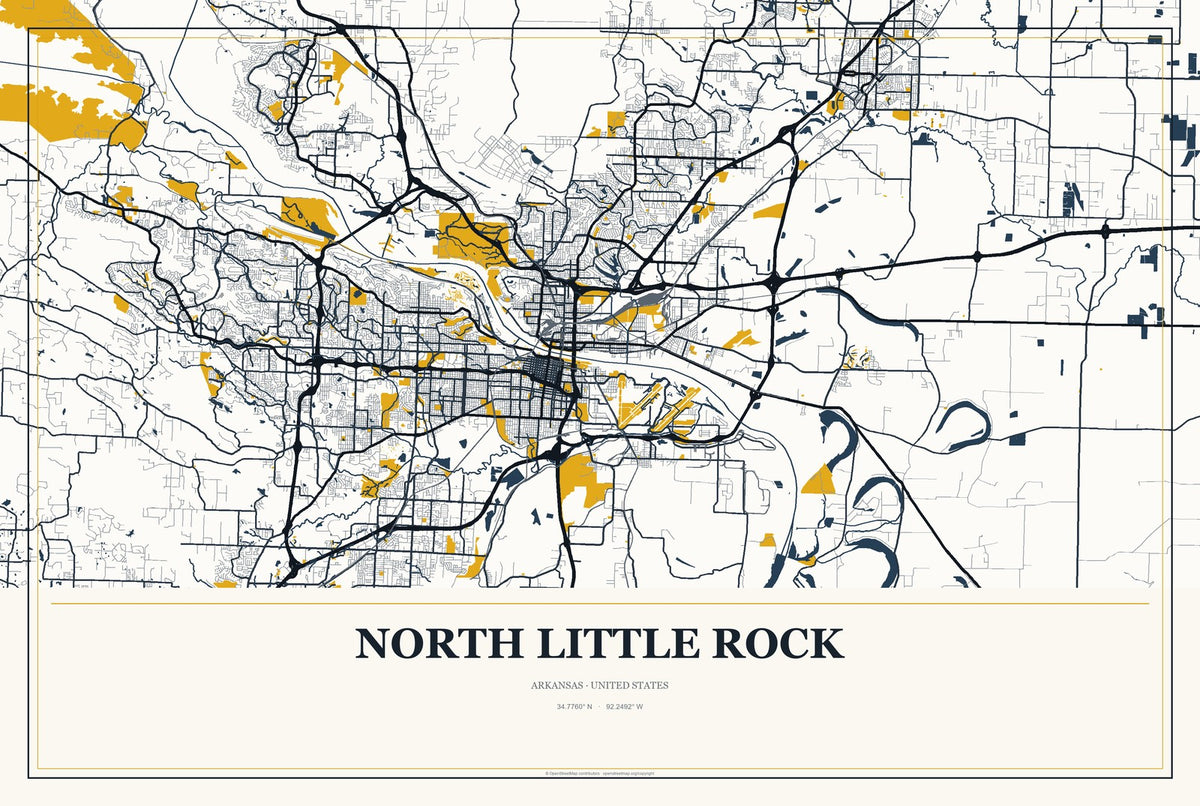 North Little Rock, Arkansas City Map Aluminum Sign in Citrine Modern style