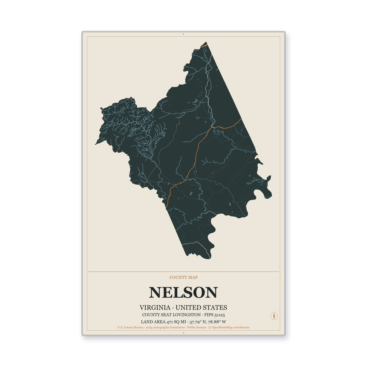 Nelson County, Virginia Map Aluminum Sign in Headline Atlas style