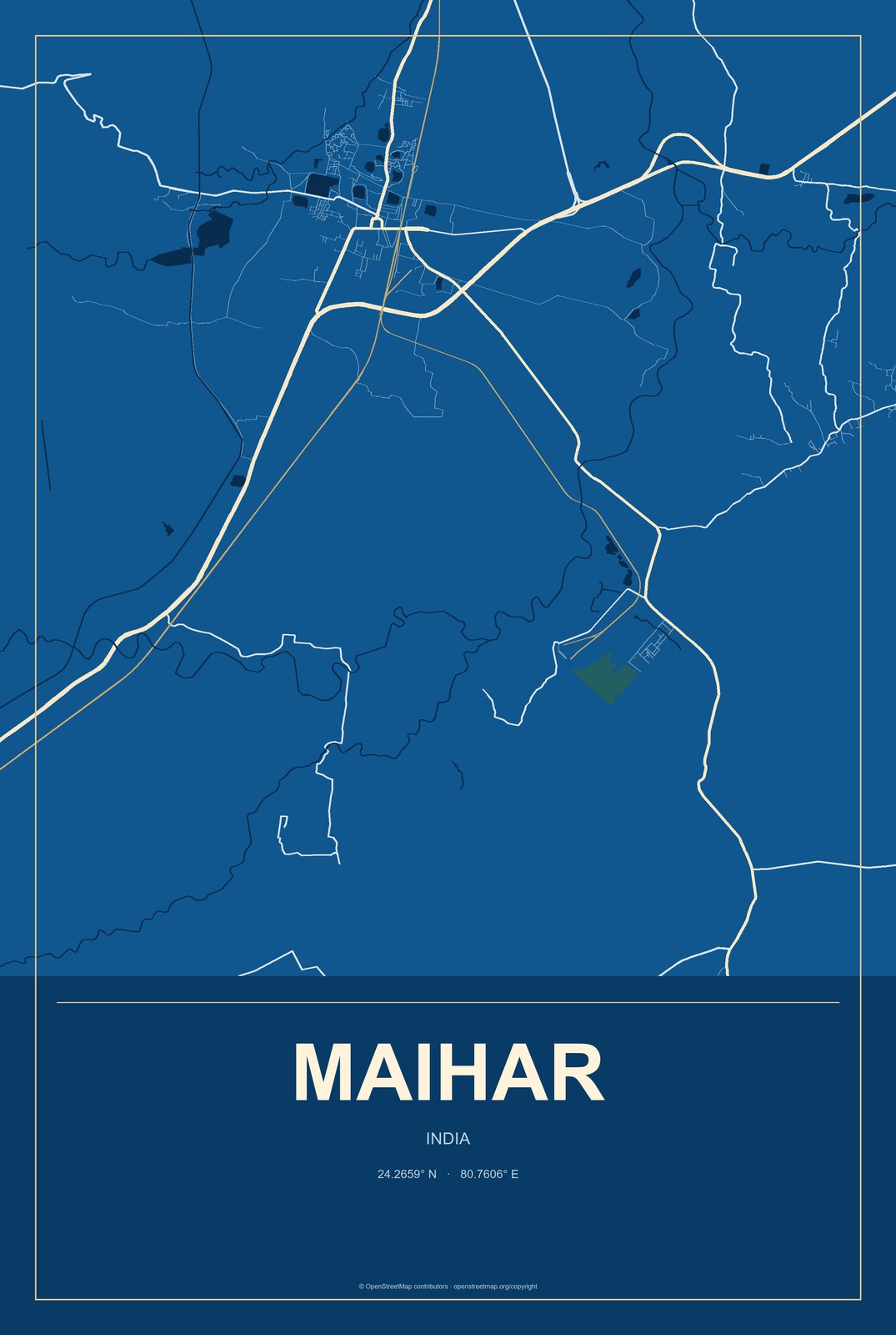 Maihar, India City Map Aluminum Sign in Harbor Cobalt style